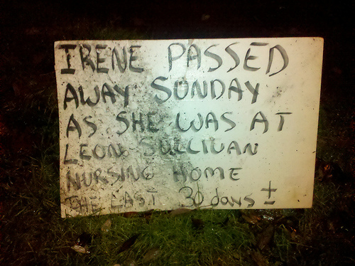 Photo of Robert's sign announcing Irene's death