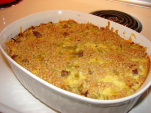 Cheesy sausage and rice bake