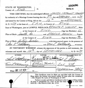 Marriage certificate for Othelia Hallin and Kenneth F. Wallace