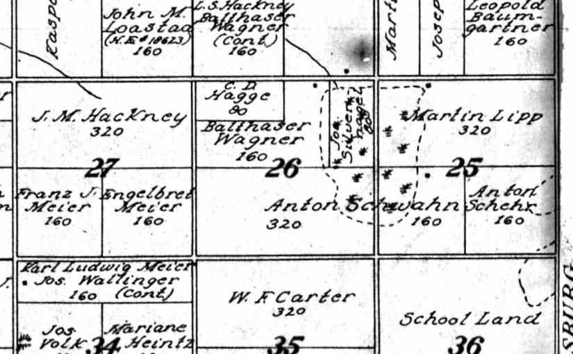 Map showing locations of the Ludwig Welk and Joseph Feist farms