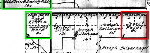 Map showing locations of the Ludwig Welk and Joseph Feist farms