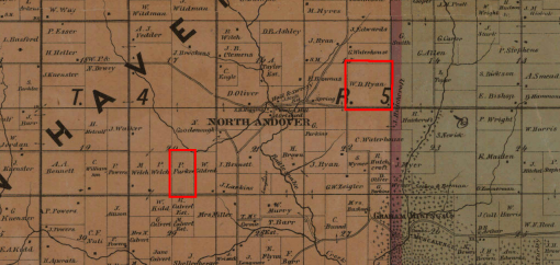 1868 map of Grant County, Wisconsin showing the Parker and Ryan farms highlighed