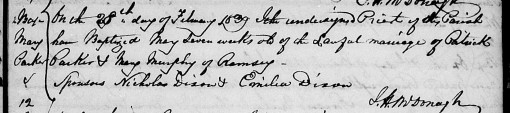 Mary Parker baptismal register entry