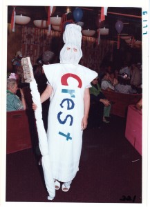 Vera wears a Crest toothpaste costume