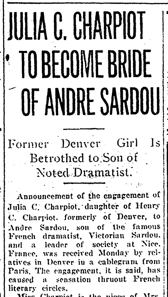 Denver Post - Julia Charpiot To Become Bride of Andre Sardou