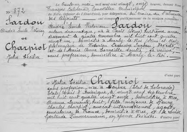 Civil marriage registration, Andre Sardou and Julia Charpiot