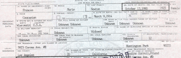 Frances Marie Newton death certificate