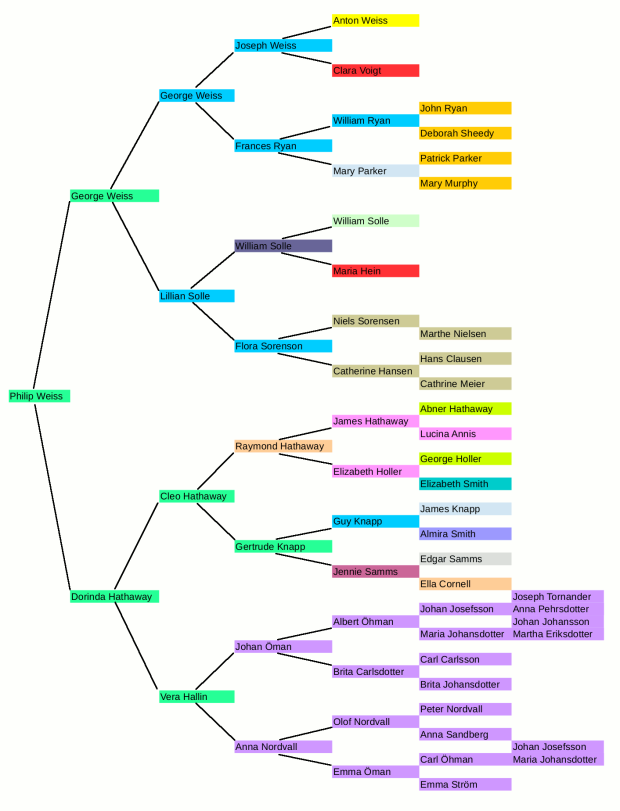 my pedigree chart, color coded by place of birth