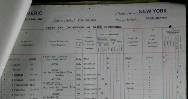 1924 Southampton passenger arrival manifest