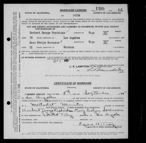 Marriage certificate for Herbert Fredericks and Mary Sorenson