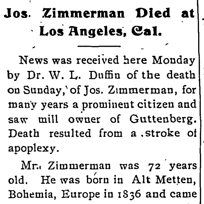 Obituary for Joseph Zimmerman from the Clayton County Journal