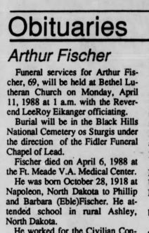 1988 obituary for the other Arthur Fischer