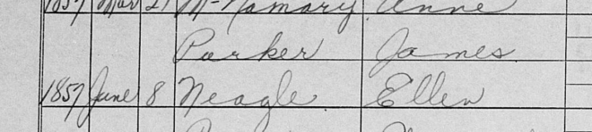 Portion of marriage register for James Parker and Ellen Neagle showing date of marriage as 8 Jun 1857