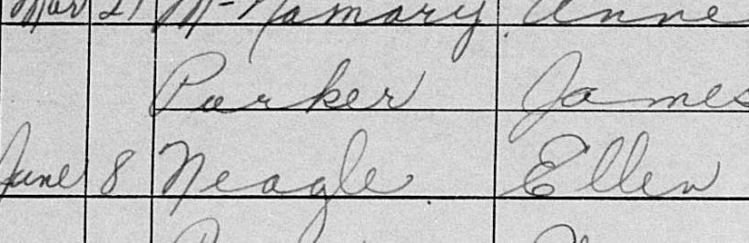 Portion of marriage register for James Parker and Ellen Neagle showing date of marriage as 8 Jun 1857