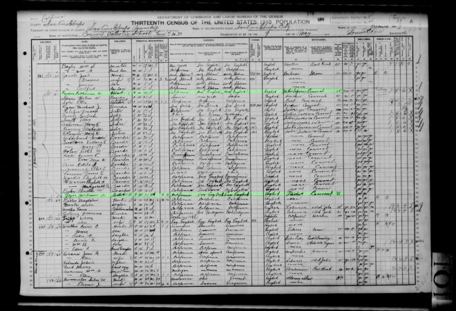 1910 US Census page with Catherine Parker and Frances Beyer in San Luis Obispo, California