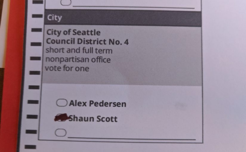 Ballot for Seattle City Council District 4 with the oval filled in for Shaun Scott